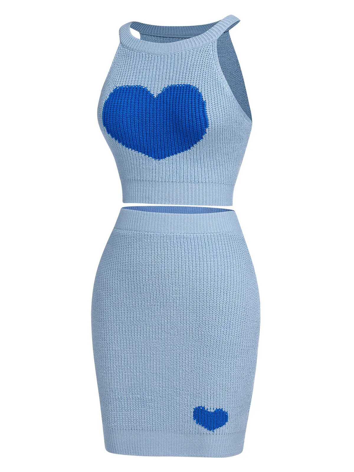 2PCS Blue 1960s Knitted Heart Cropped Top & Skirt