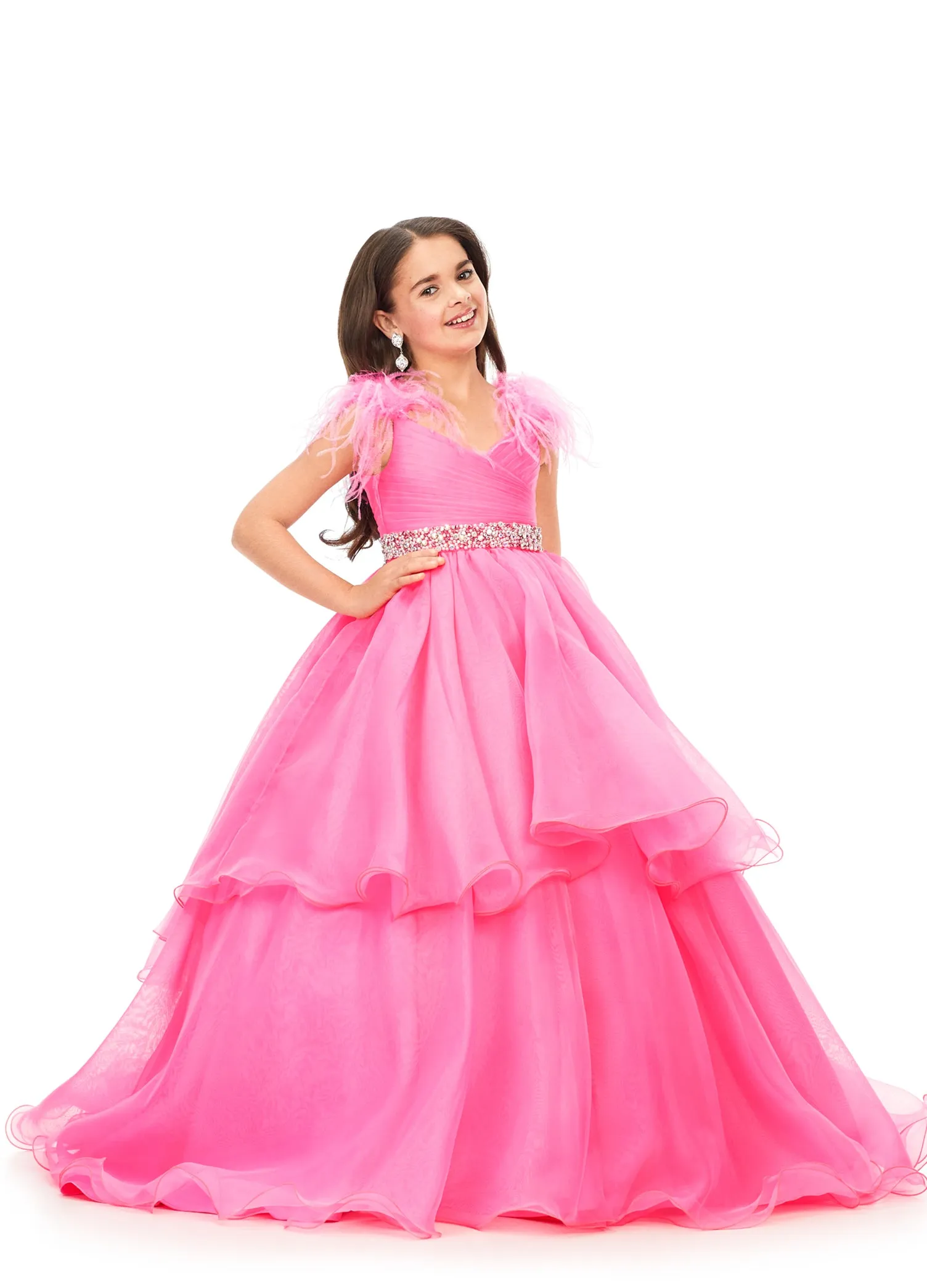 Ashley Lauren Kids 8184 Girls Pageant Dress Feather Ballgown Layer Crystal Belt Gown