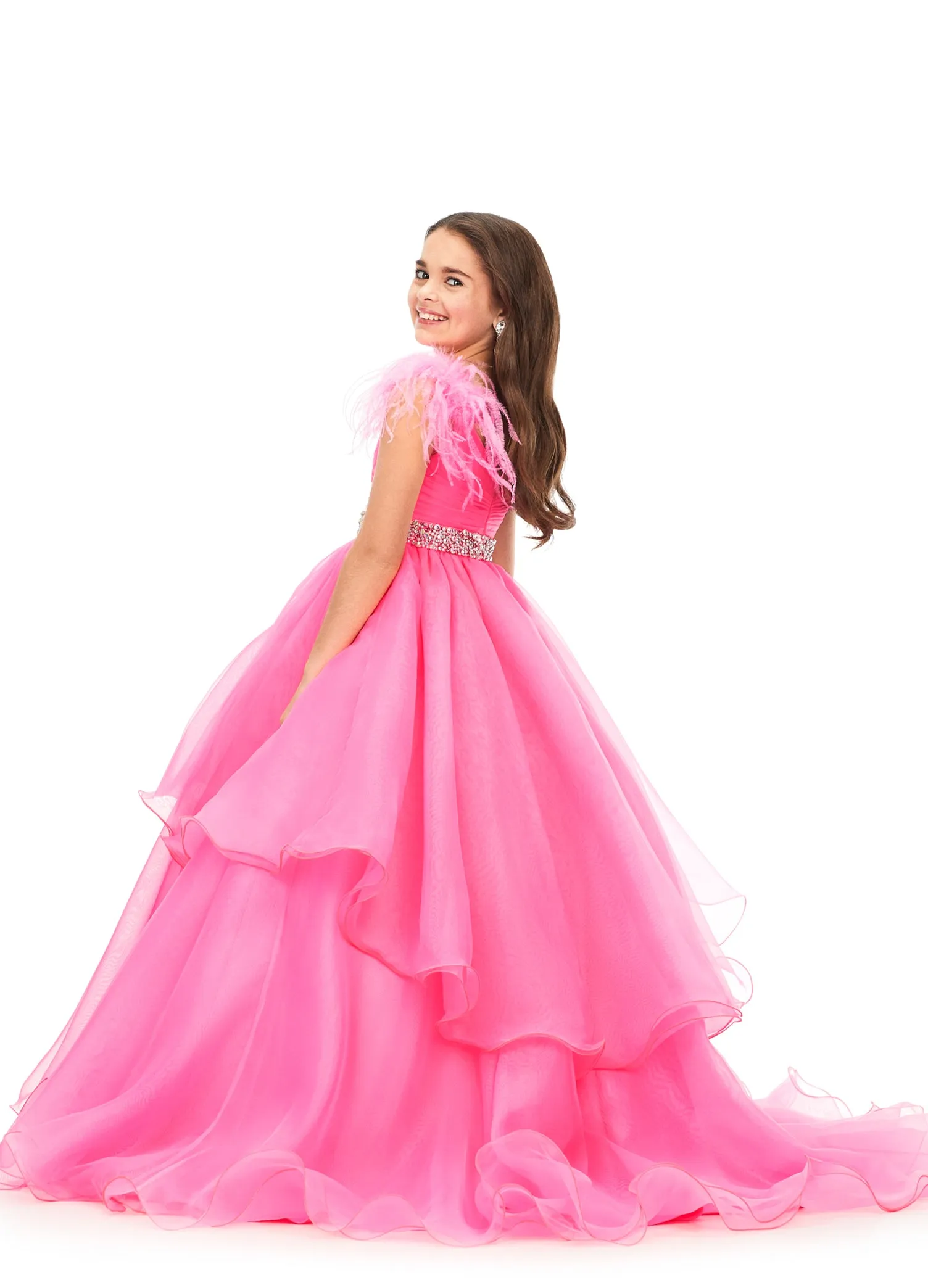 Ashley Lauren Kids 8184 Girls Pageant Dress Feather Ballgown Layer Crystal Belt Gown