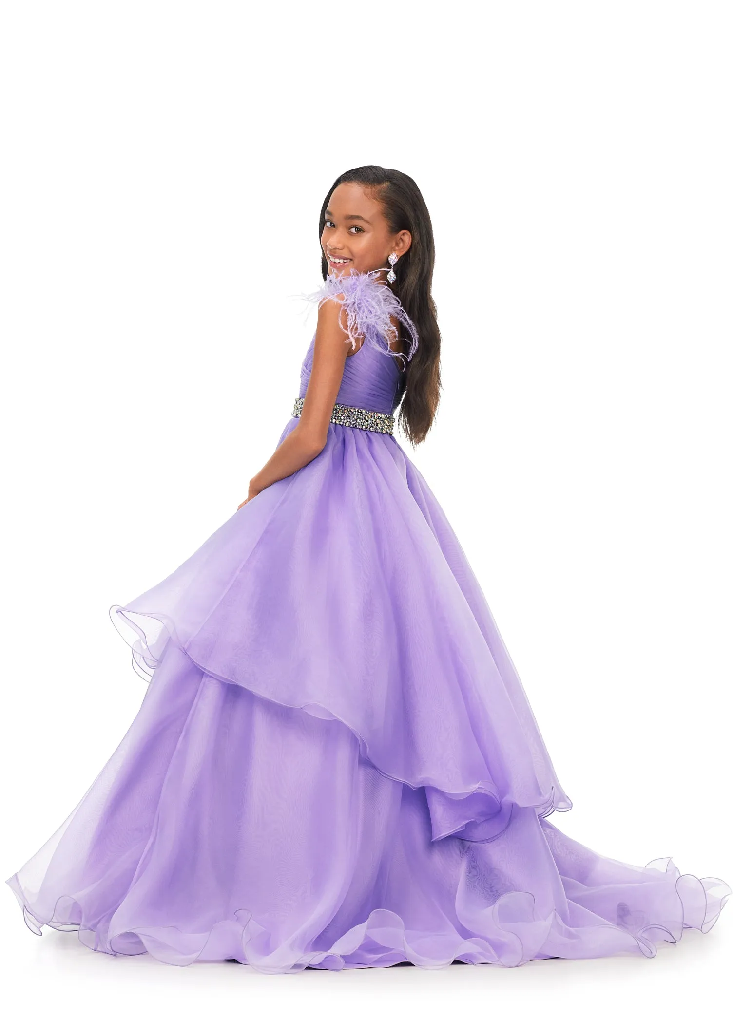 Ashley Lauren Kids 8184 Girls Pageant Dress Feather Ballgown Layer Crystal Belt Gown