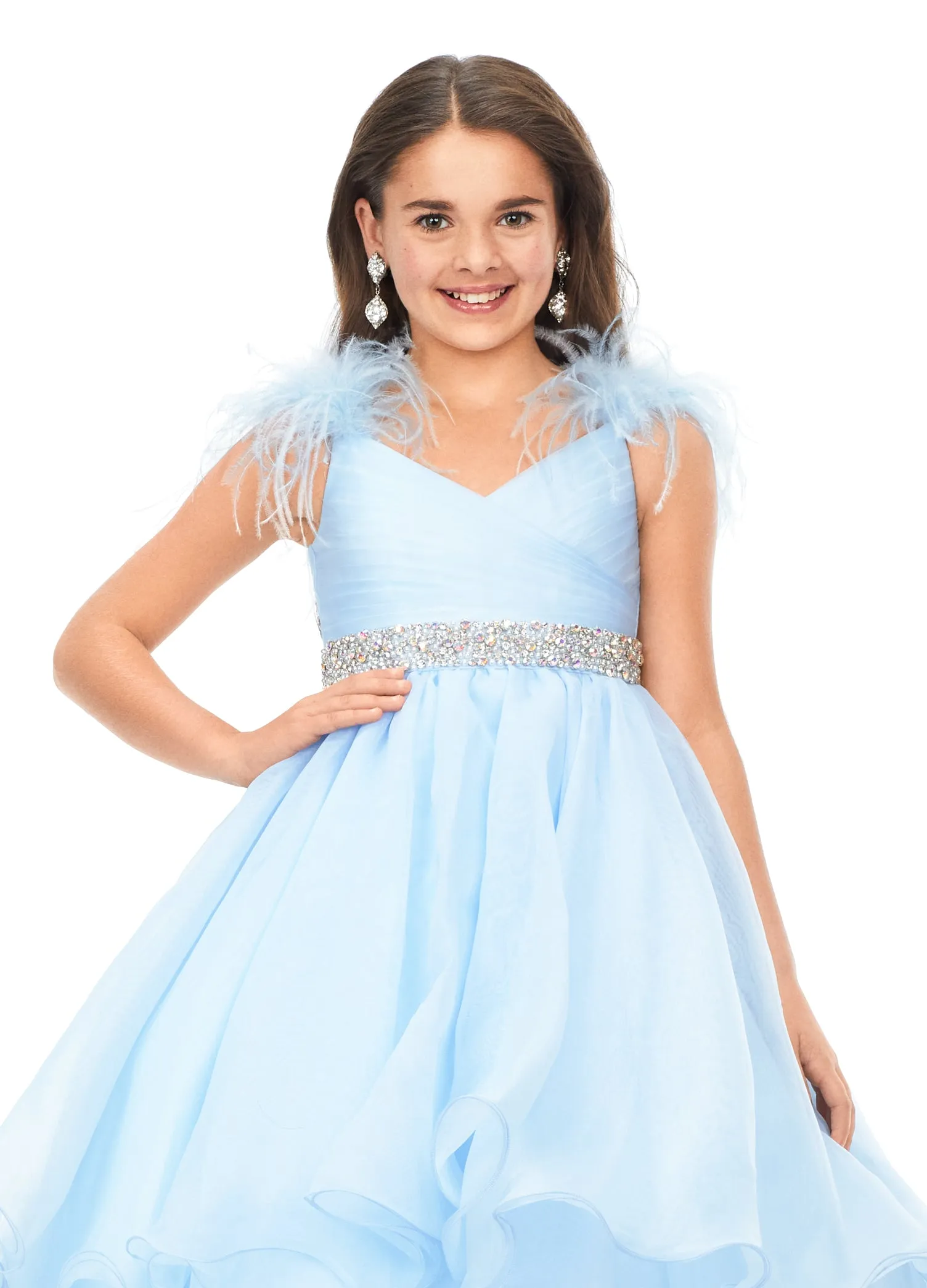 Ashley Lauren Kids 8184 Girls Pageant Dress Feather Ballgown Layer Crystal Belt Gown