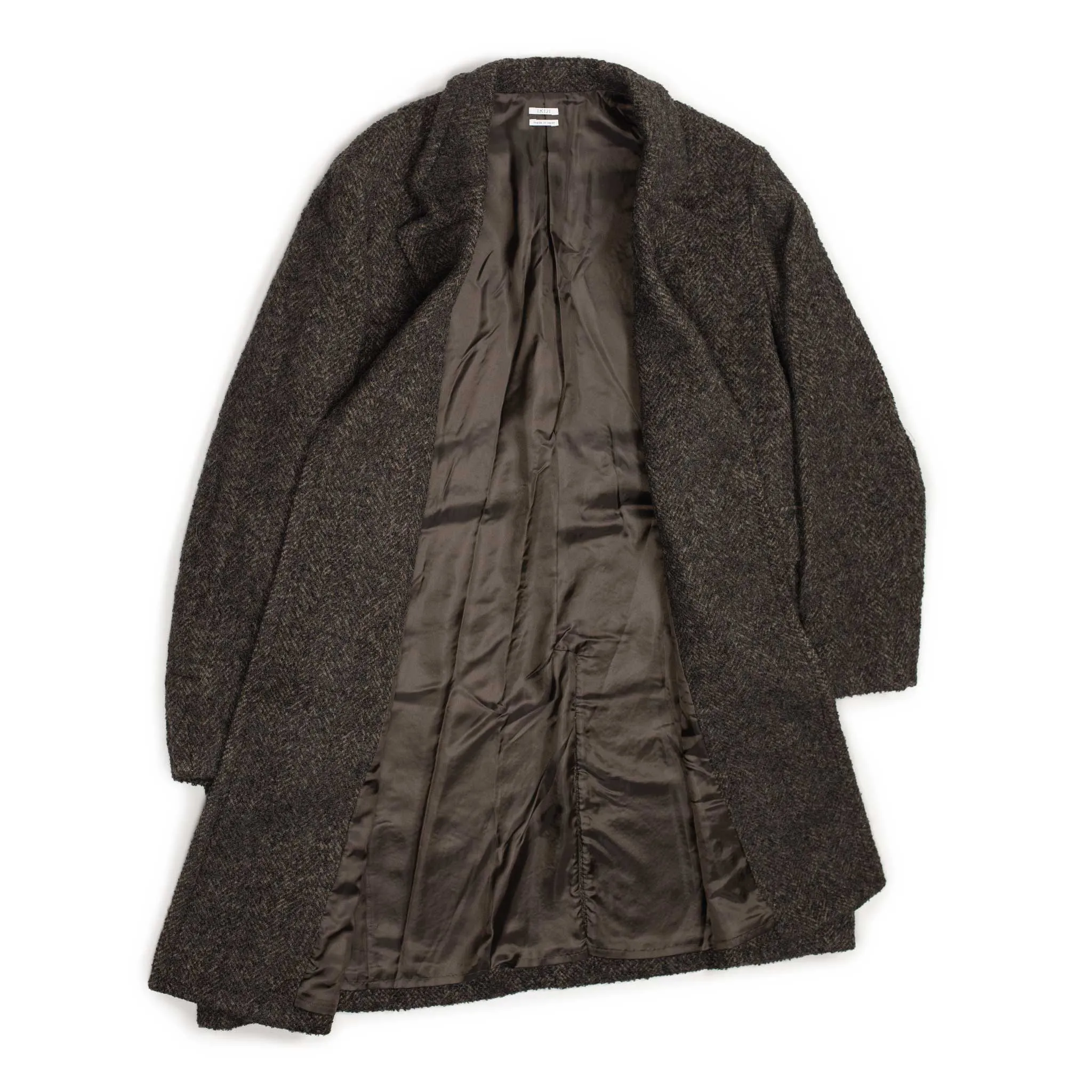 Belted oversized coat in dark brown wool and alpaca boucle