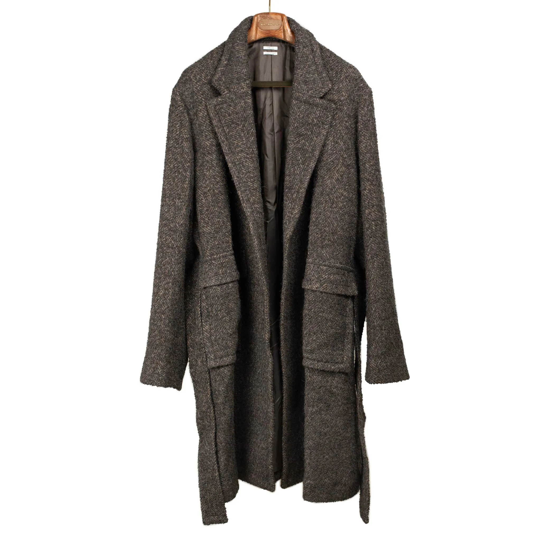 Belted oversized coat in dark brown wool and alpaca boucle