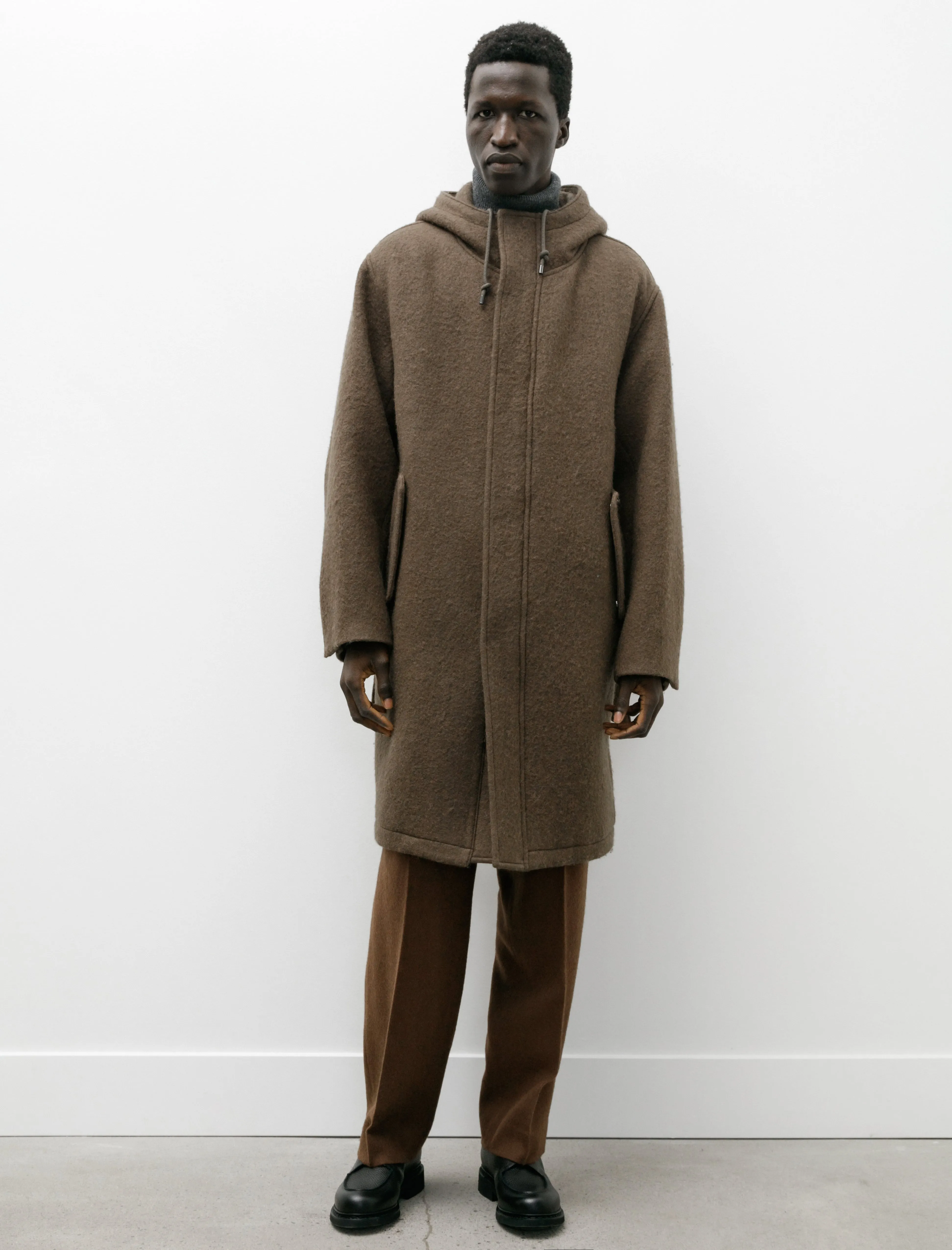 Brushed Alpaca Wool Melton Hooded Coat Dark Olive