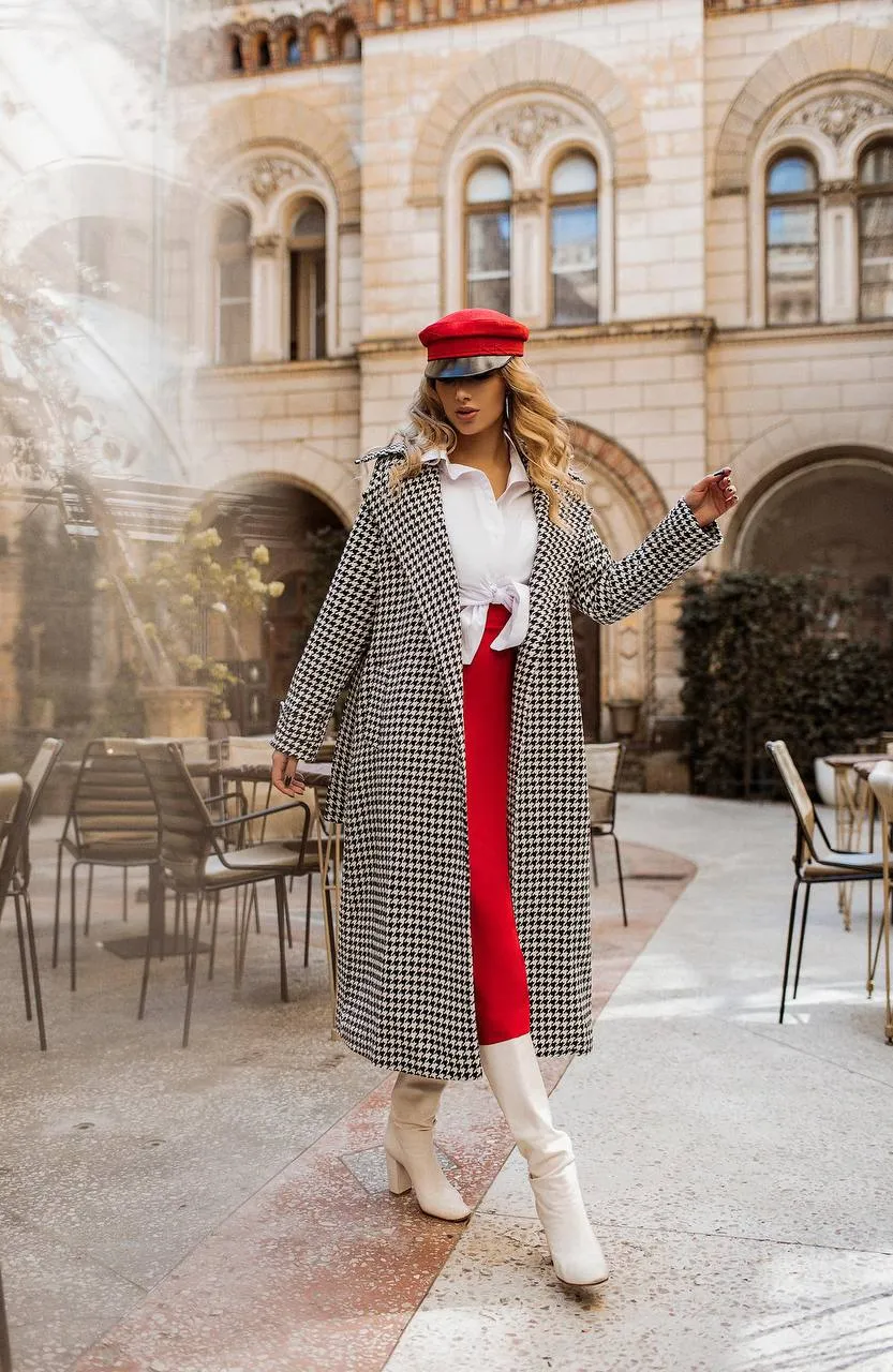 Casual White-Black Checked Belted Coat