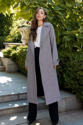 Casual White-Black Checked Belted Coat