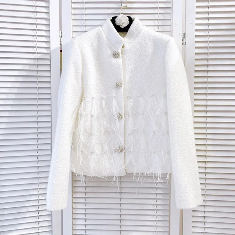 Casual White Patchwork Feathers Women's Jackets Stand Collar Long Sleeve Korean Fashion Short Women Coat Autumn