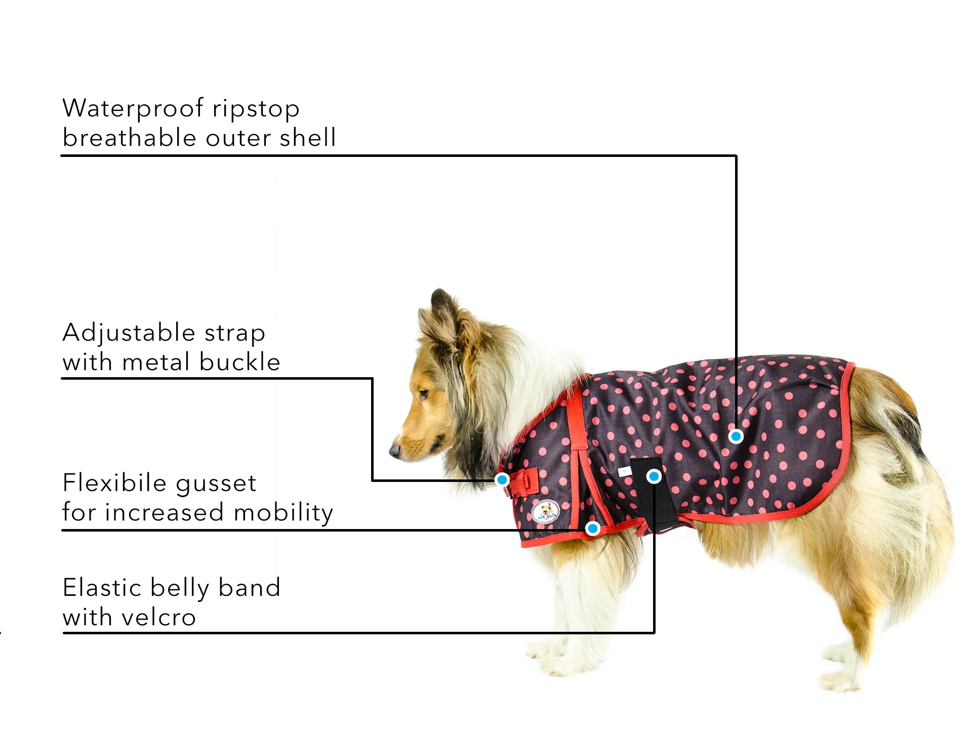 cuteNfuzzy Lady Bug Polka Dots Super Tough 600D Dog Coat with Fleece Lining