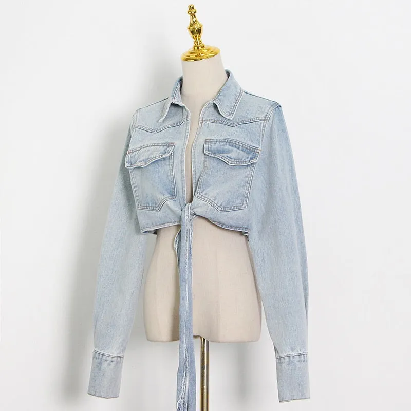 Denim Lace Up Bowknot Jacket For Women Lapel Long Sleeve Casual Short Jackets Female Fashion Clothes Style