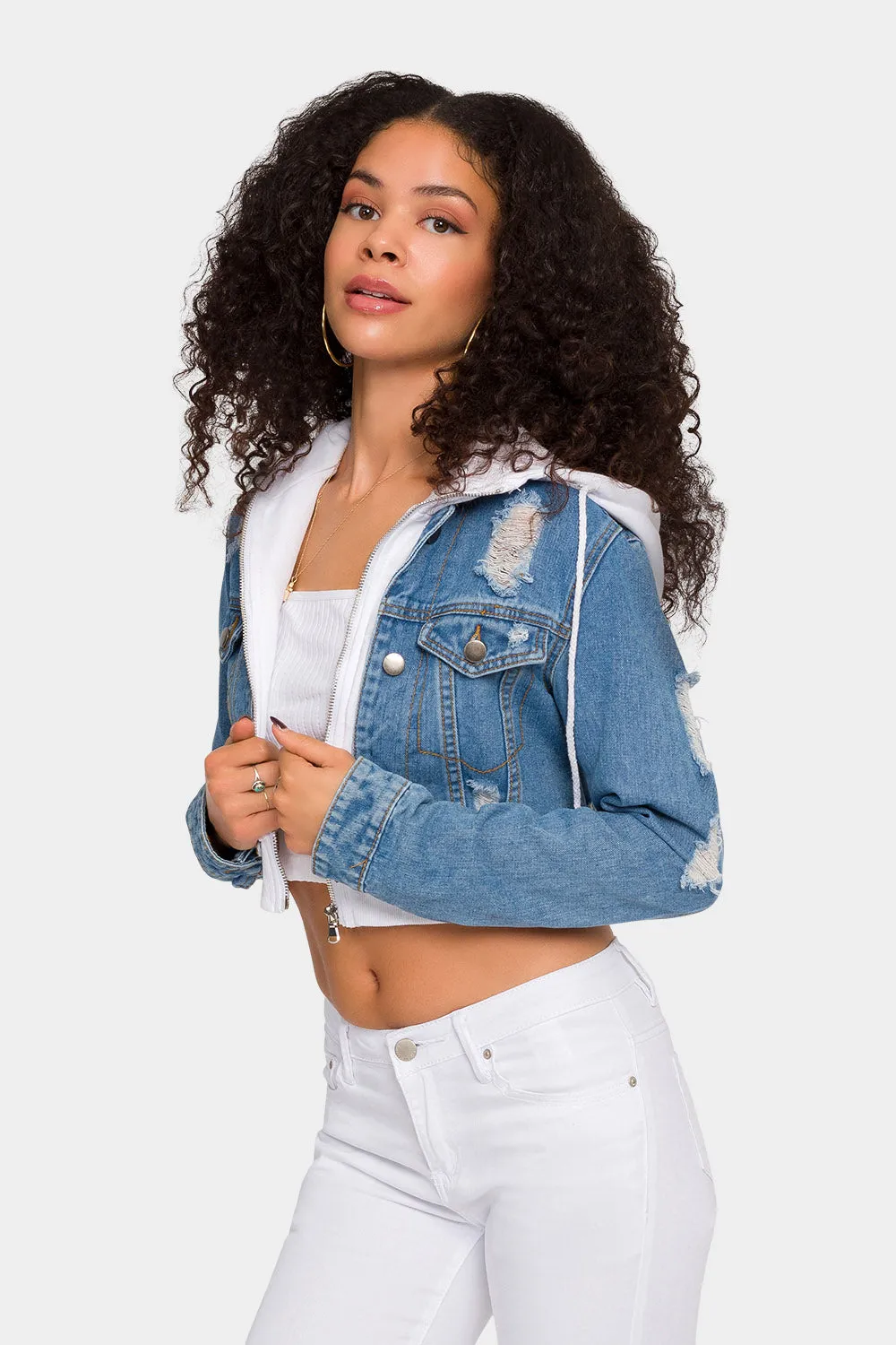 Distressed Layered Hoodie Denim Jacket