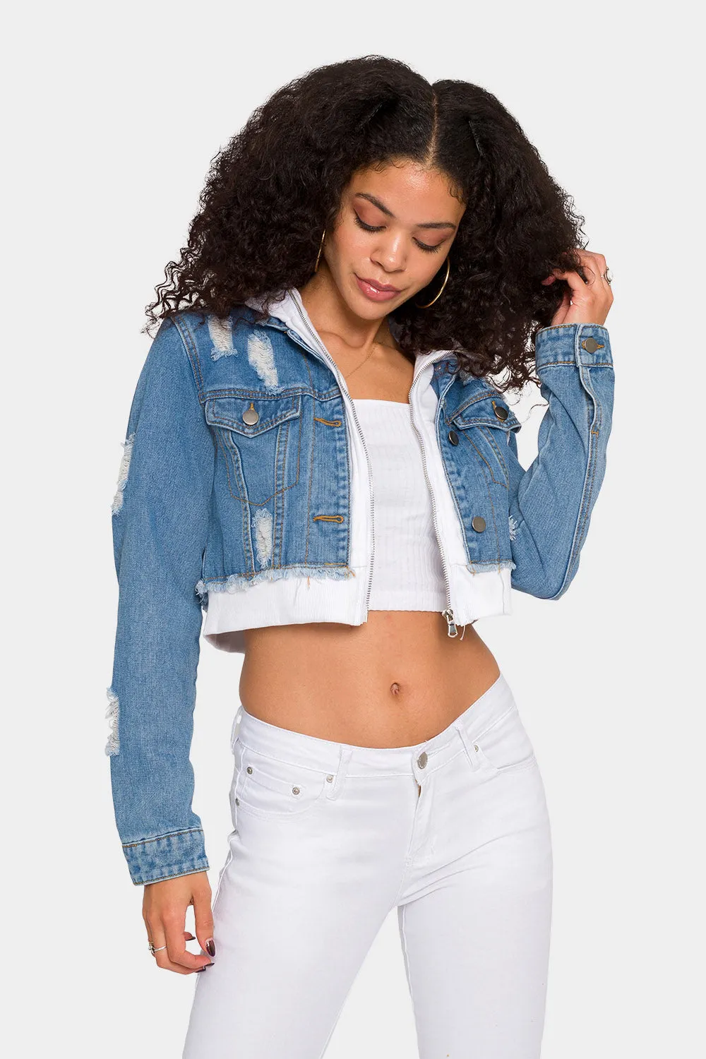 Distressed Layered Hoodie Denim Jacket