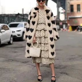 Fiorella Heart Print Long Faux Fur Coat