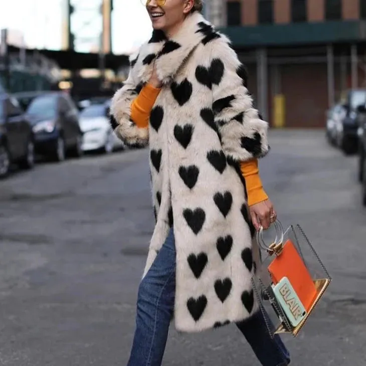 Fiorella Heart Print Long Faux Fur Coat