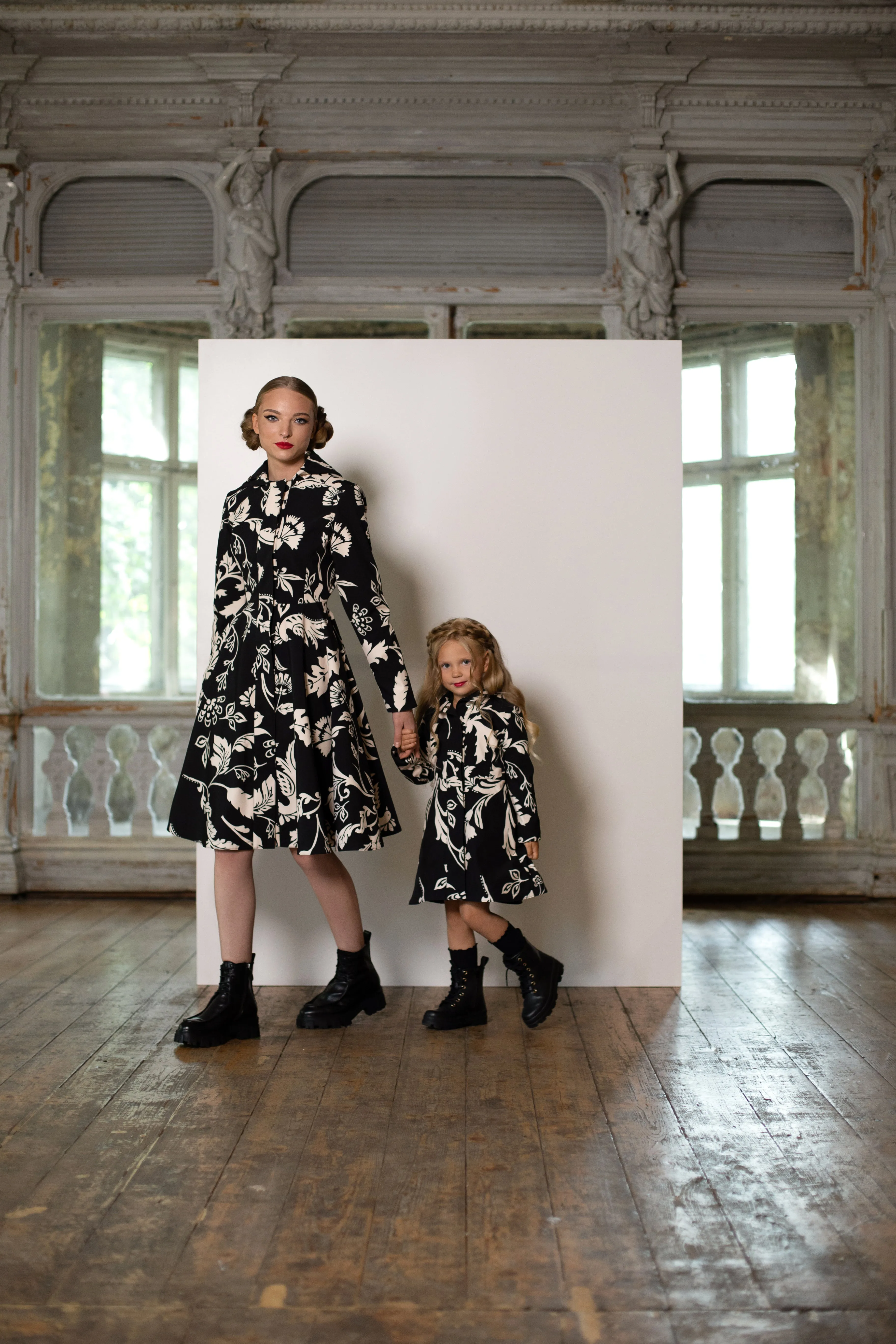 Fitted and Flared Coat for Girls in Black and White | 'Blooming Night'