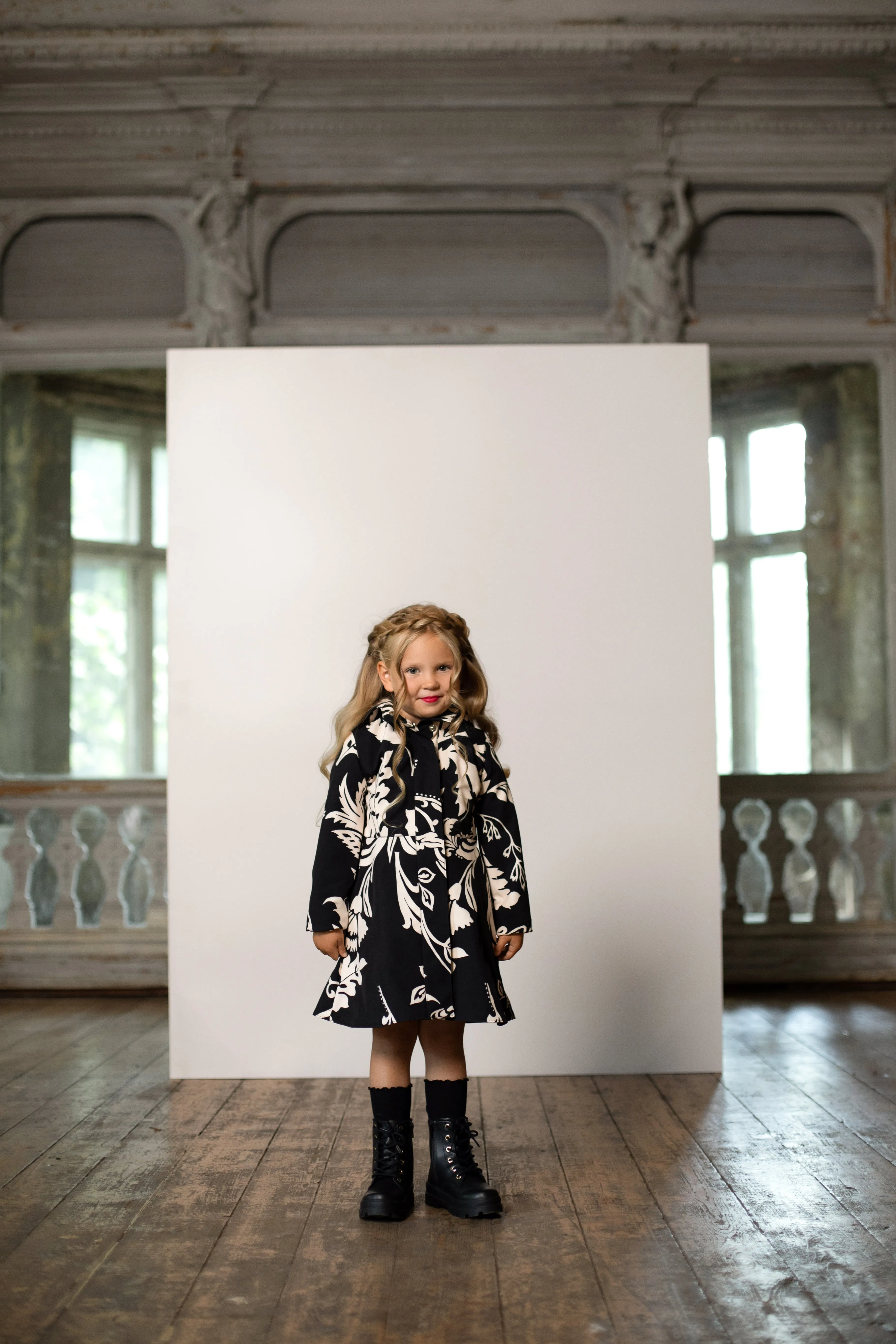 Fitted and Flared Coat for Girls in Black and White | 'Blooming Night'