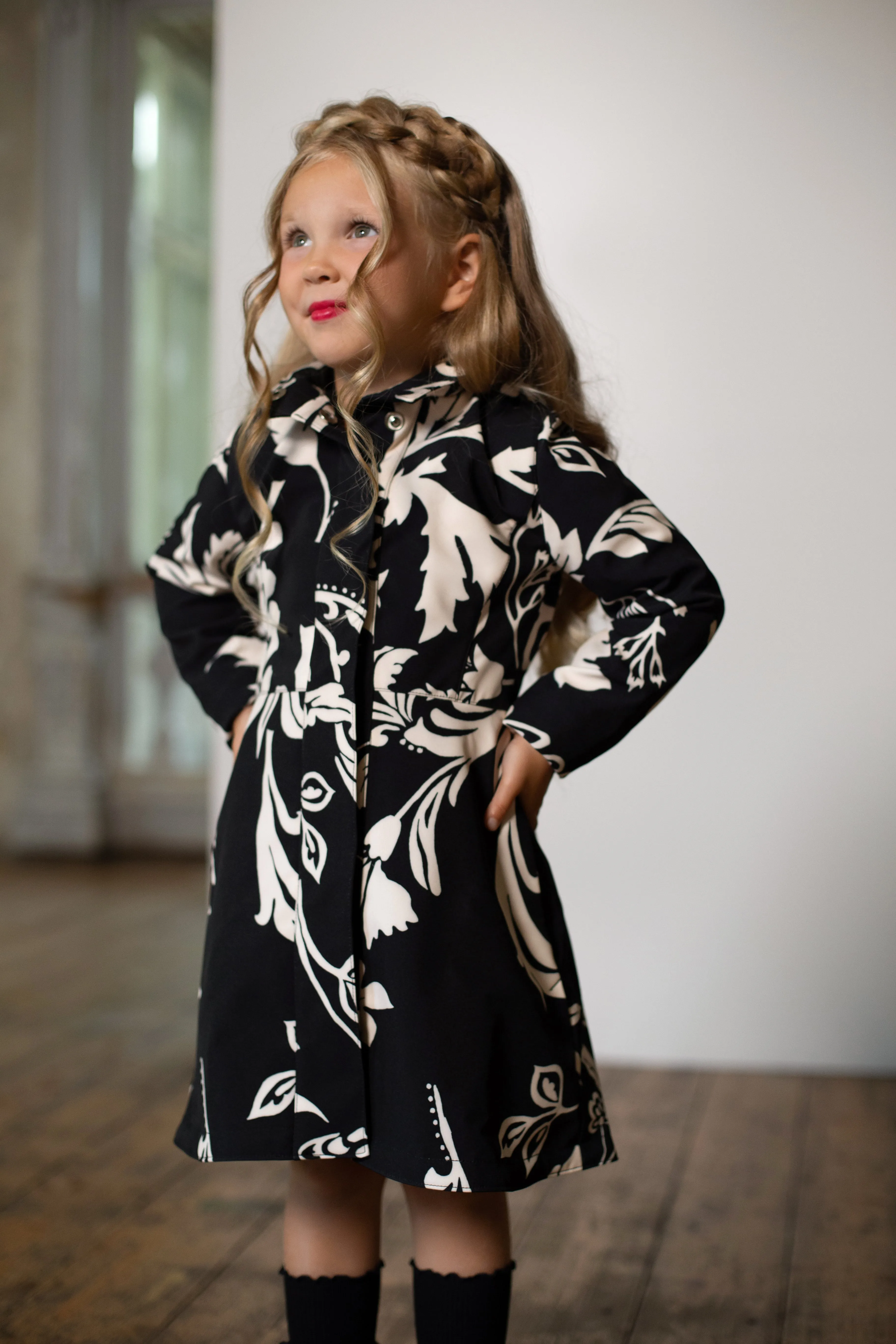 Fitted and Flared Coat for Girls in Black and White | 'Blooming Night'