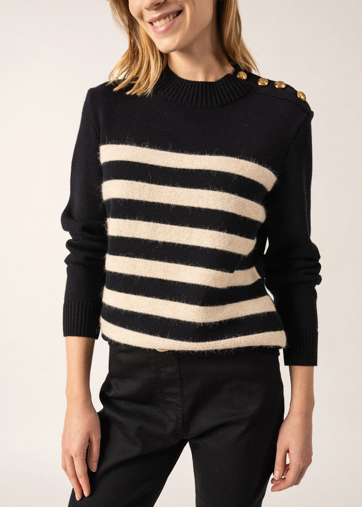 GALA - Striped Sweater With Shank Button Shoulder | 100% Textured Wool (NAVY / IVORY)