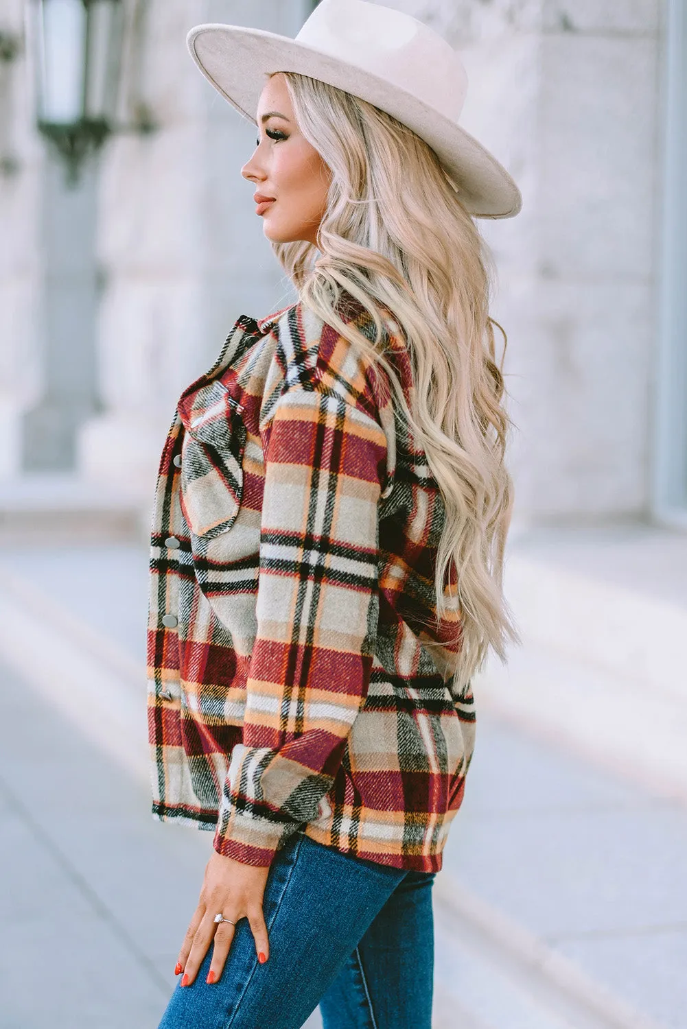 Geometric Plaid Print Pocketed Shirt