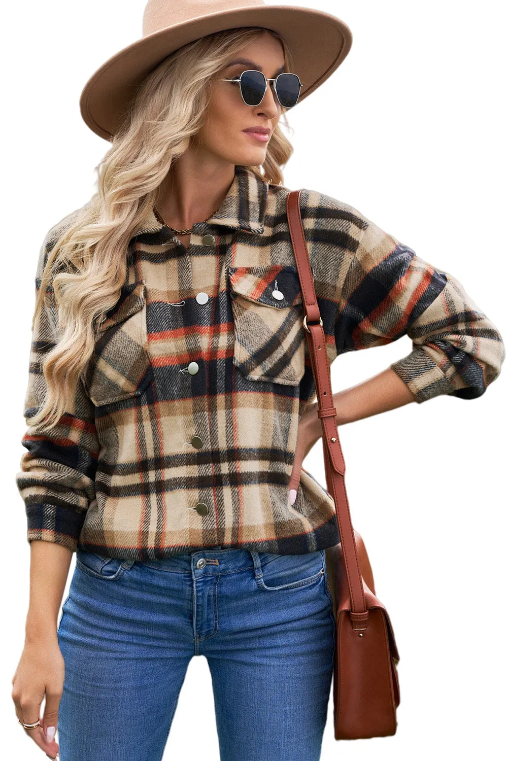 Geometric Plaid Print Pocketed Shirt