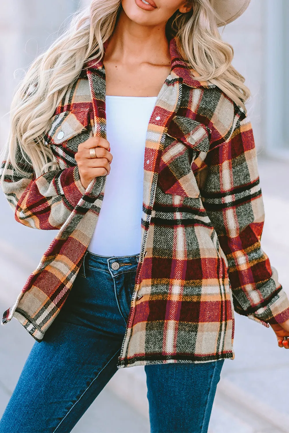 Geometric Plaid Print Pocketed Shirt