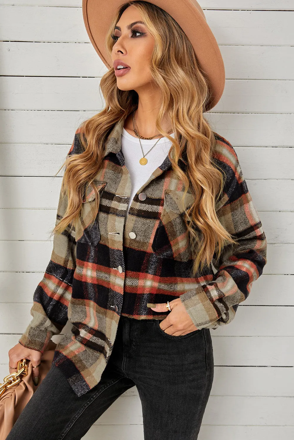 Geometric Plaid Print Pocketed Shirt