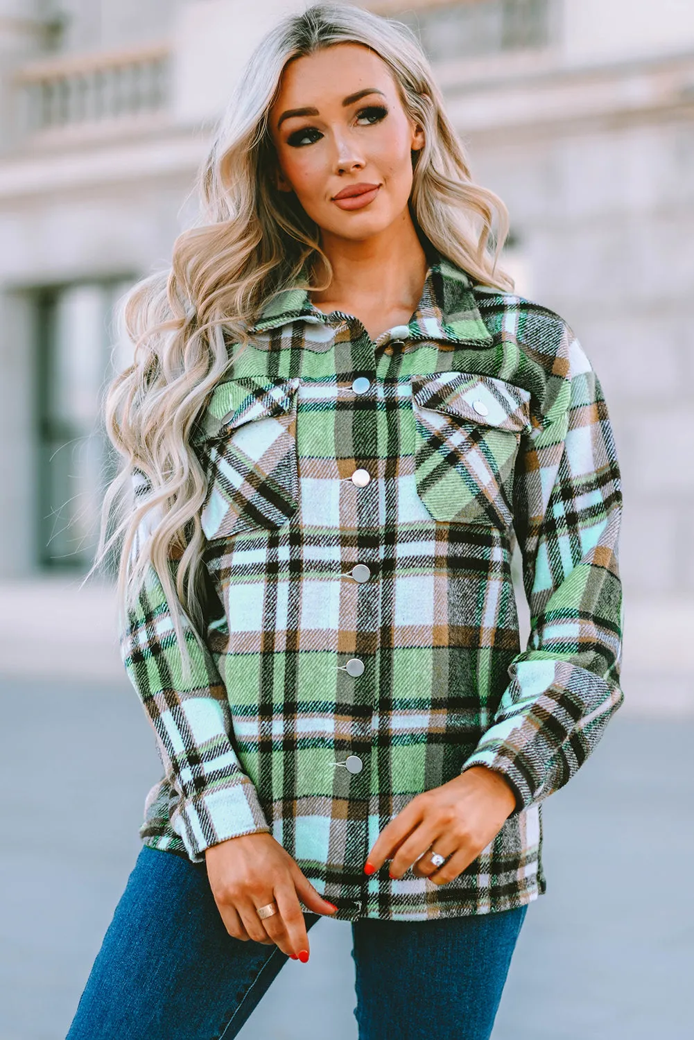 Geometric Plaid Print Pocketed Shirt