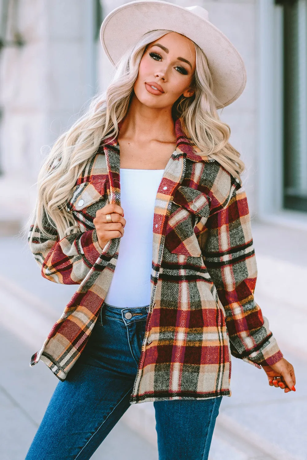 Geometric Plaid Print Pocketed Shirt