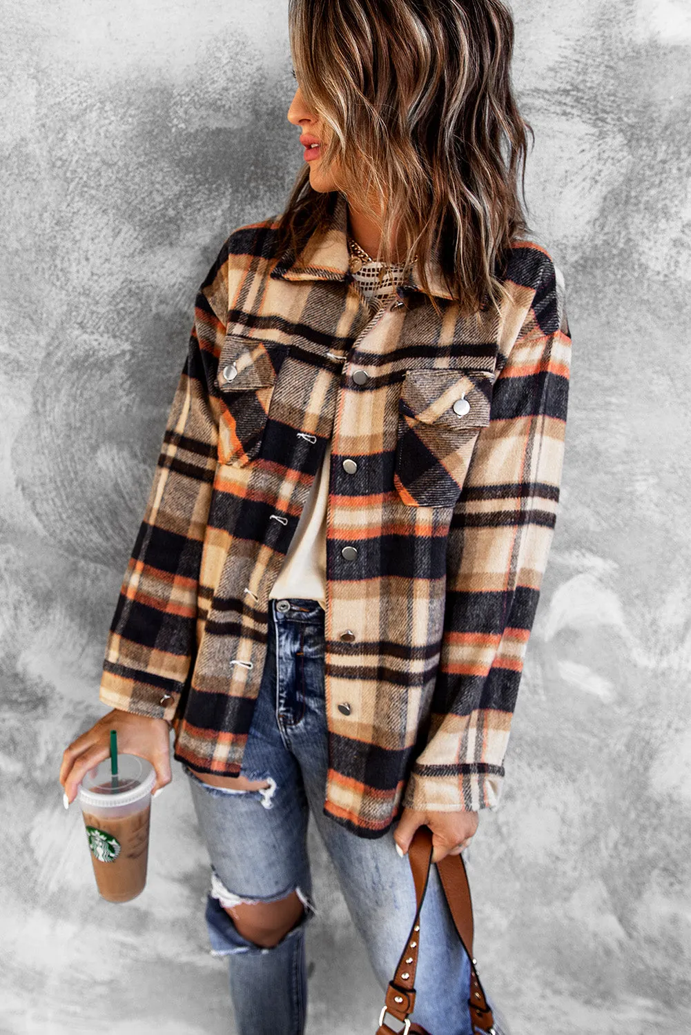 Geometric Plaid Print Pocketed Shirt