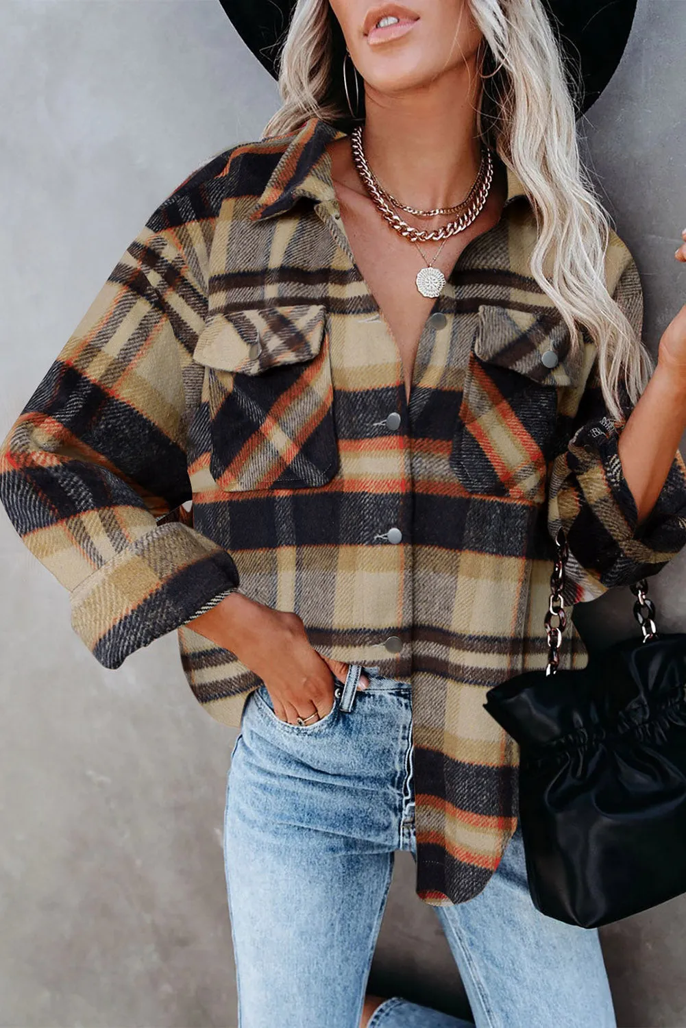 Geometric Plaid Print Pocketed Shirt