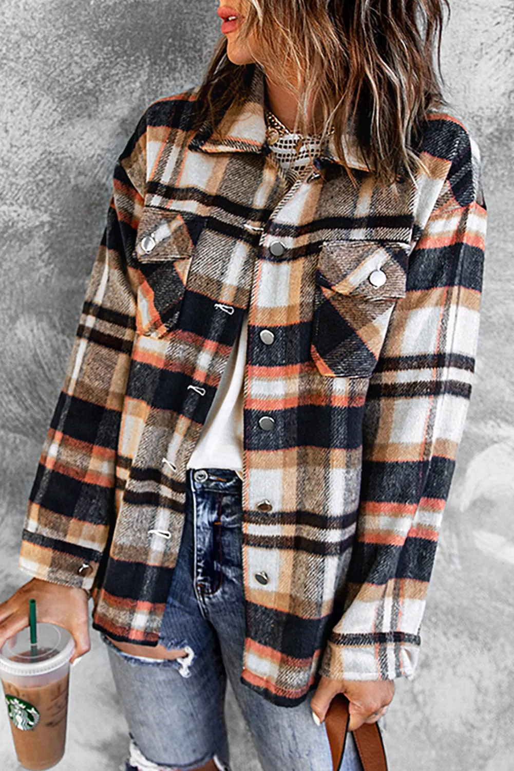 Geometric Plaid Print Pocketed Shirt