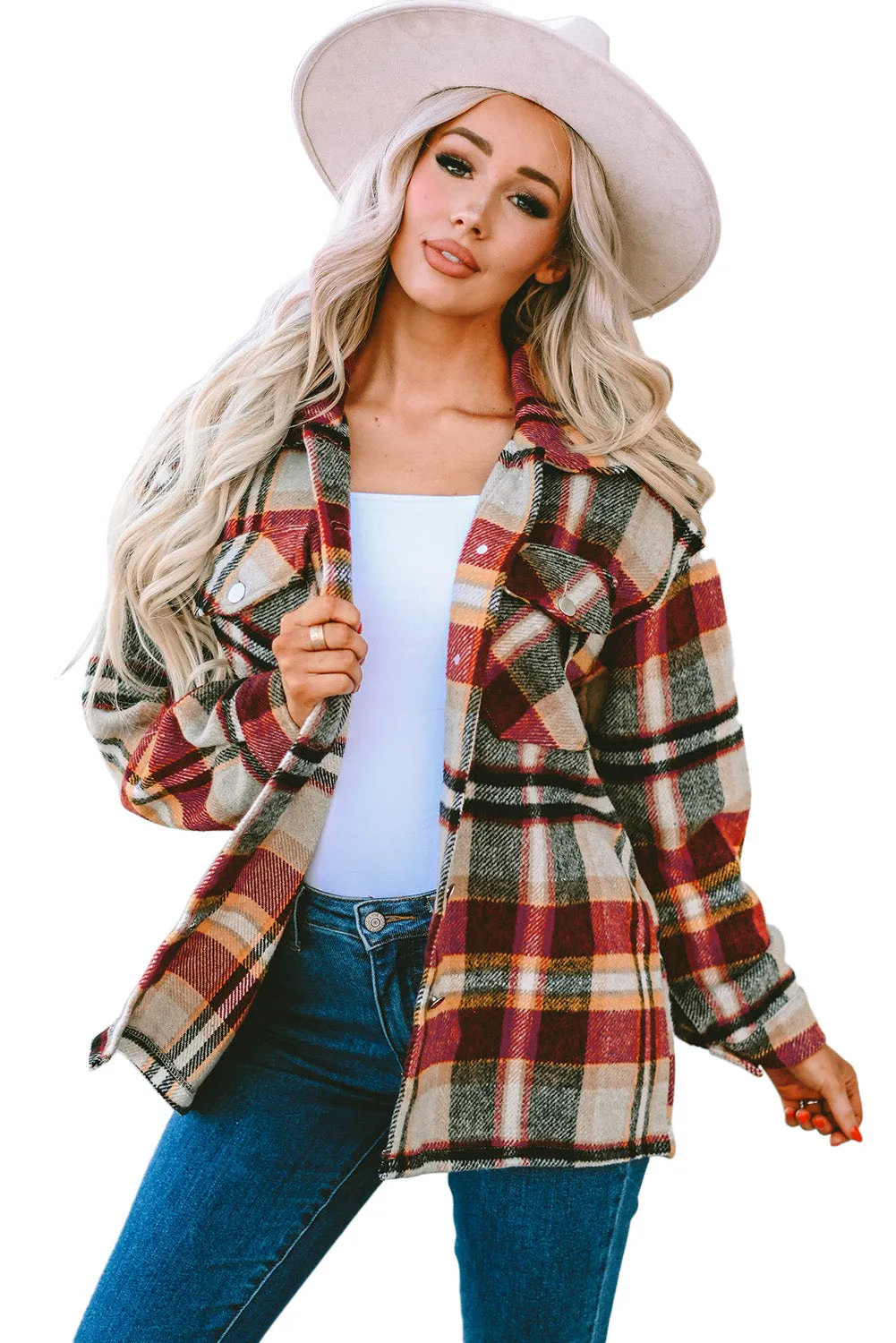 Geometric Plaid Print Pocketed Shirt