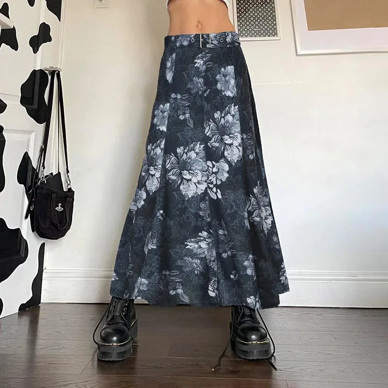 Grunge Stitched Belted Floral Printed Long Skirt Female Vintage Fashion A-Line Autumn Skirt Party 2000s Aesthetic Y2K