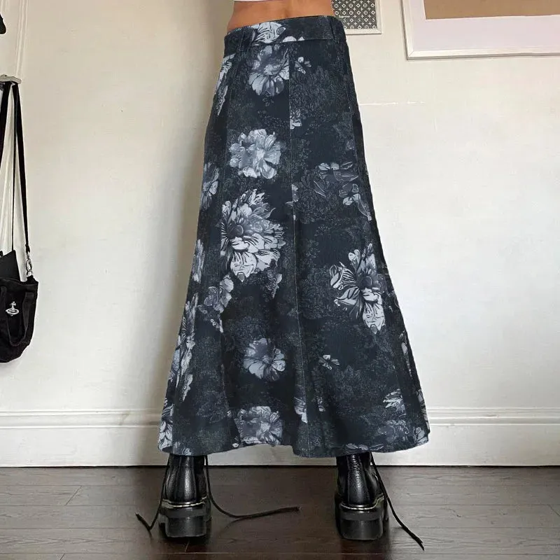 Grunge Stitched Belted Floral Printed Long Skirt Female Vintage Fashion A-Line Autumn Skirt Party 2000s Aesthetic Y2K