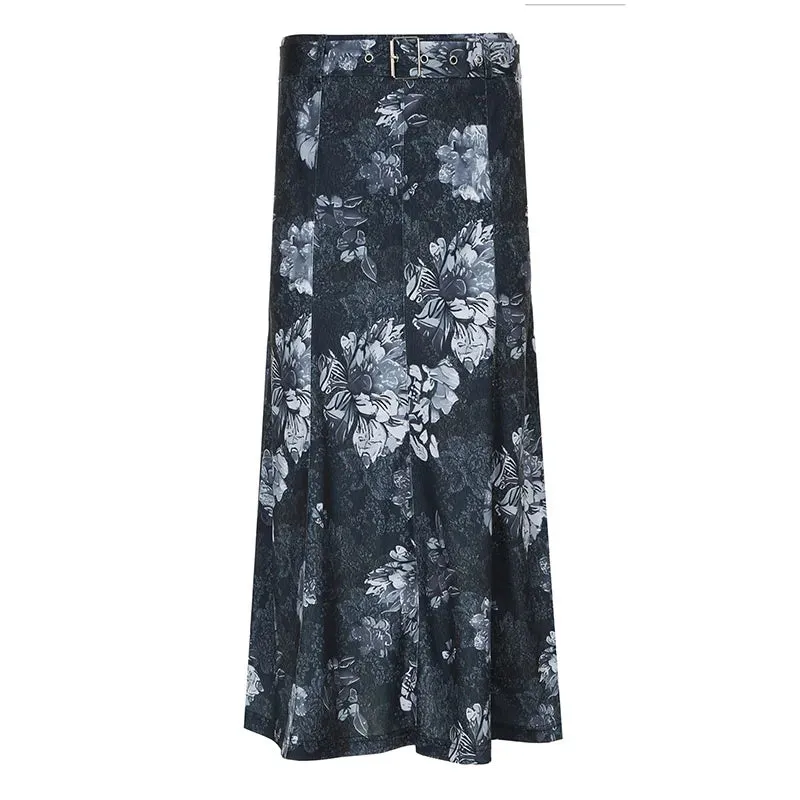 Grunge Stitched Belted Floral Printed Long Skirt Female Vintage Fashion A-Line Autumn Skirt Party 2000s Aesthetic Y2K