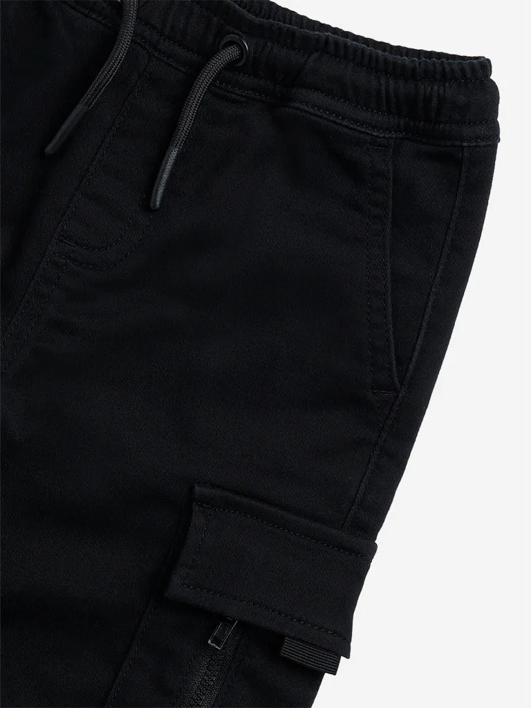 HOP Kids Black Cargo-Style Mid-Rise Cotton Blend Joggers