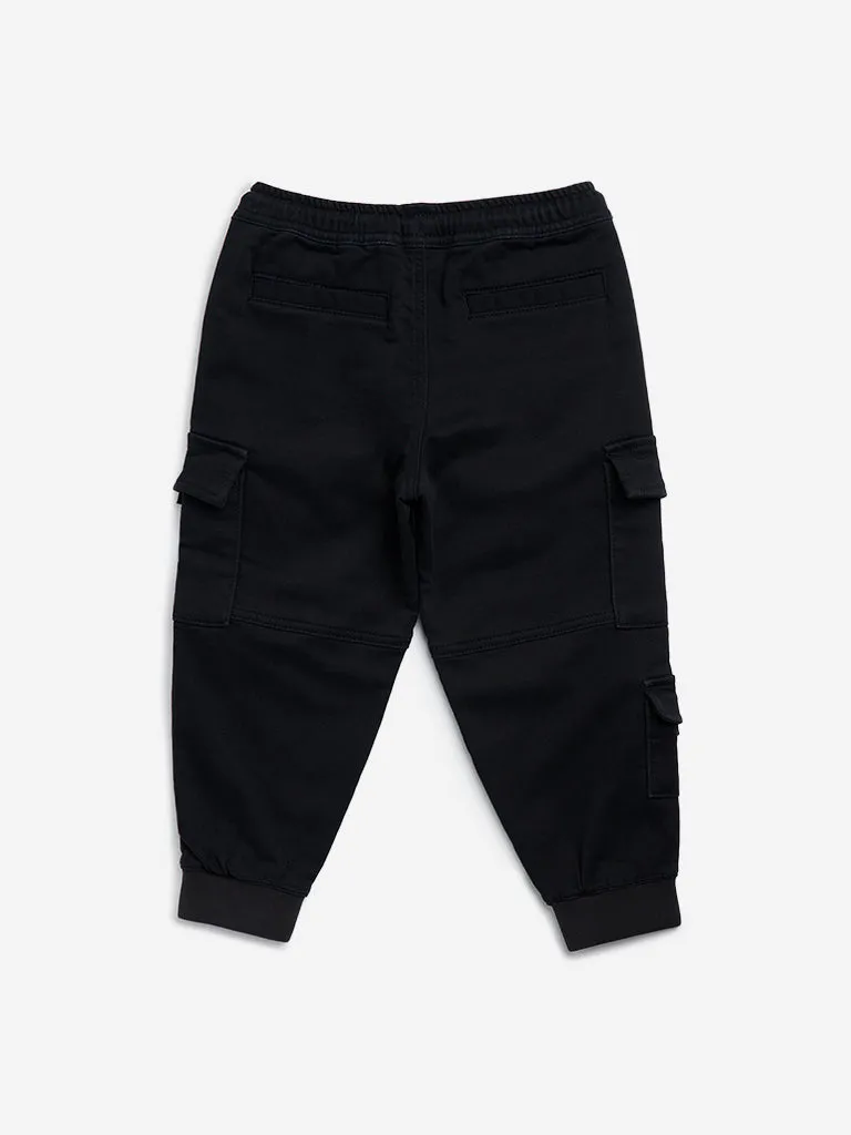 HOP Kids Black Cargo-Style Mid-Rise Cotton Blend Joggers