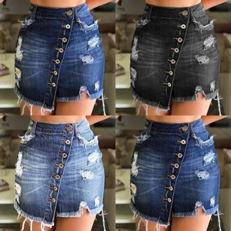 Hot Goth Casual Irregular High Waist Denim Skirt Light Wash Women Ripped Mini Skirt Goth