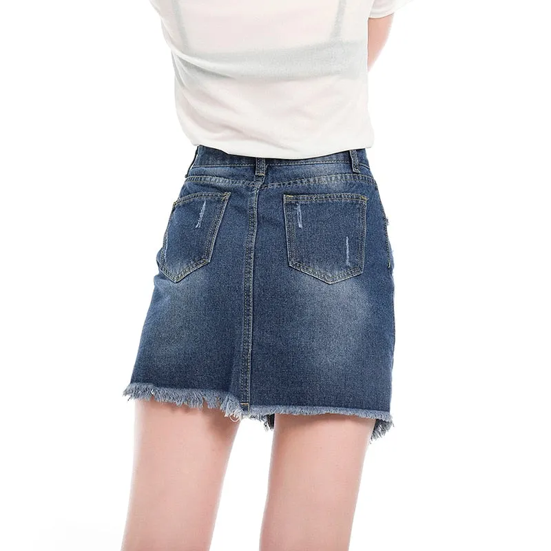 Hot Goth Casual Irregular High Waist Denim Skirt Light Wash Women Ripped Mini Skirt Goth