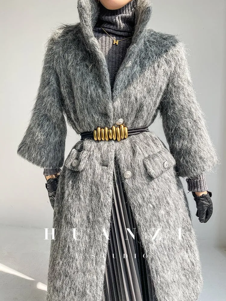 Huanzi custom high-luxury retro French medieval style mid-length mohair woolen coat suit jacket -Waeo Blue