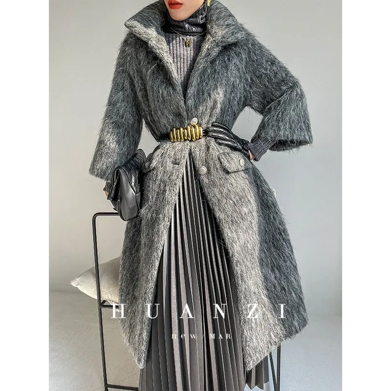 Huanzi custom high-luxury retro French medieval style mid-length mohair woolen coat suit jacket -Waeo Blue