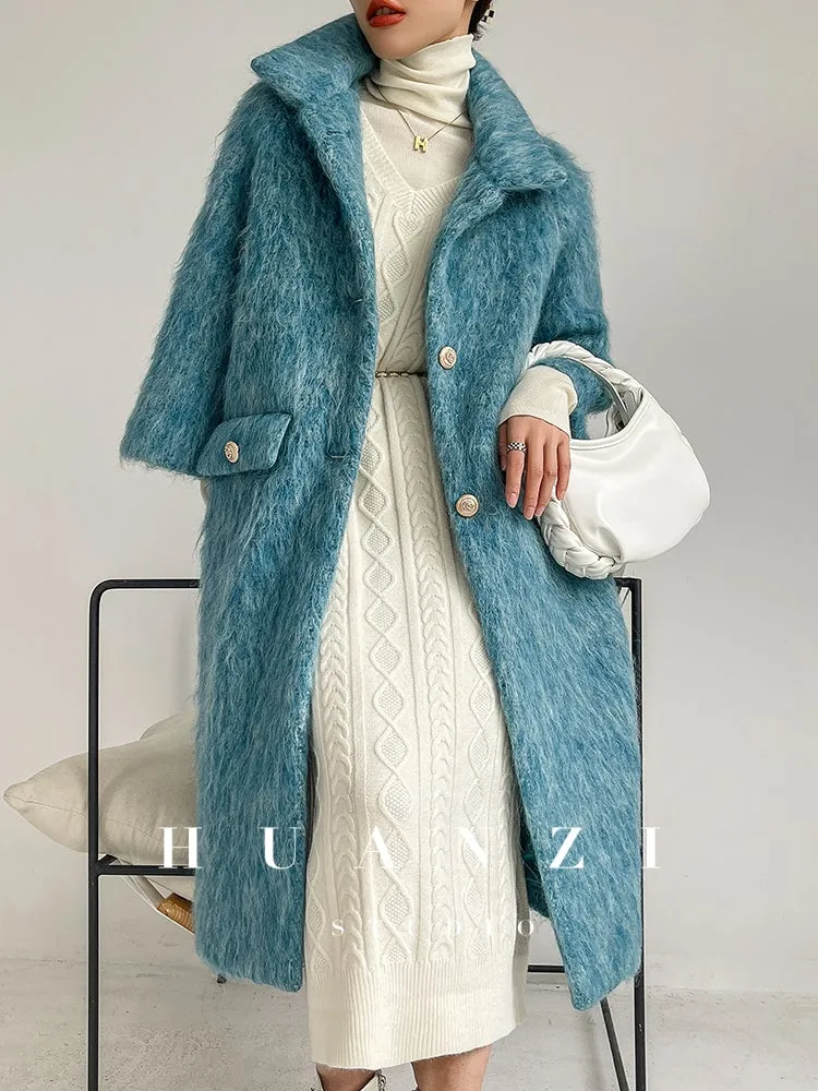 Huanzi custom high-luxury retro French medieval style mid-length mohair woolen coat suit jacket -Waeo Blue