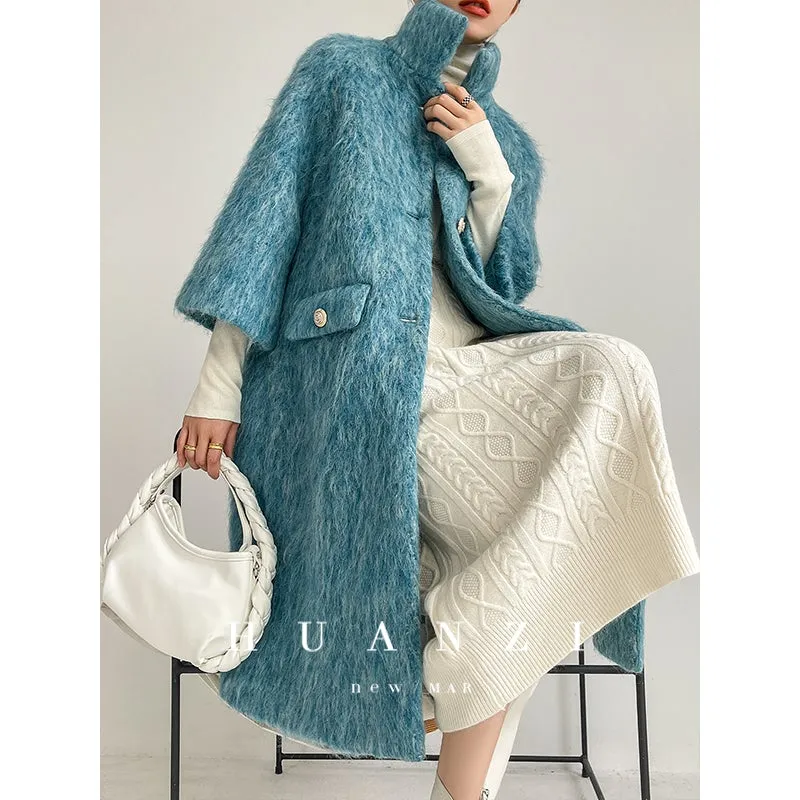 Huanzi custom high-luxury retro French medieval style mid-length mohair woolen coat suit jacket -Waeo Blue