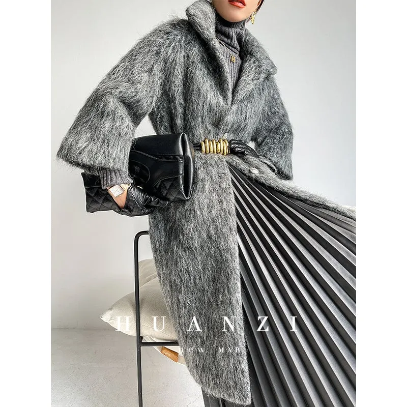 Huanzi custom high-luxury retro French medieval style mid-length mohair woolen coat suit jacket -Waeo Blue