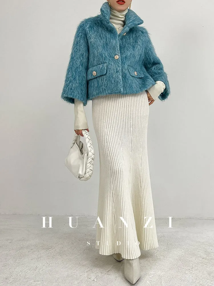 Huanzi custom high-luxury retro French medieval style mid-length mohair woolen coat suit jacket -Waeo Blue