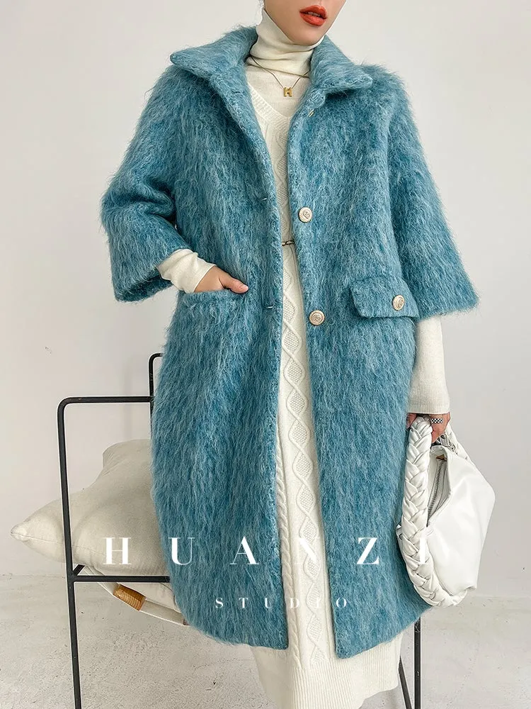 Huanzi custom high-luxury retro French medieval style mid-length mohair woolen coat suit jacket -Waeo Blue