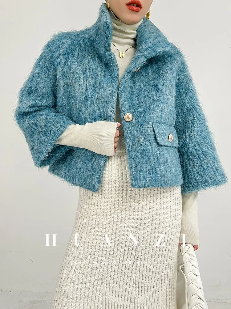 Huanzi custom high-luxury retro French medieval style mid-length mohair woolen coat suit jacket -Waeo Blue