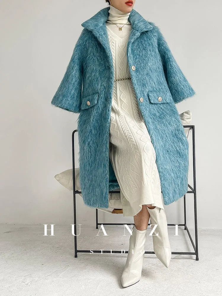 Huanzi custom high-luxury retro French medieval style mid-length mohair woolen coat suit jacket -Waeo Blue