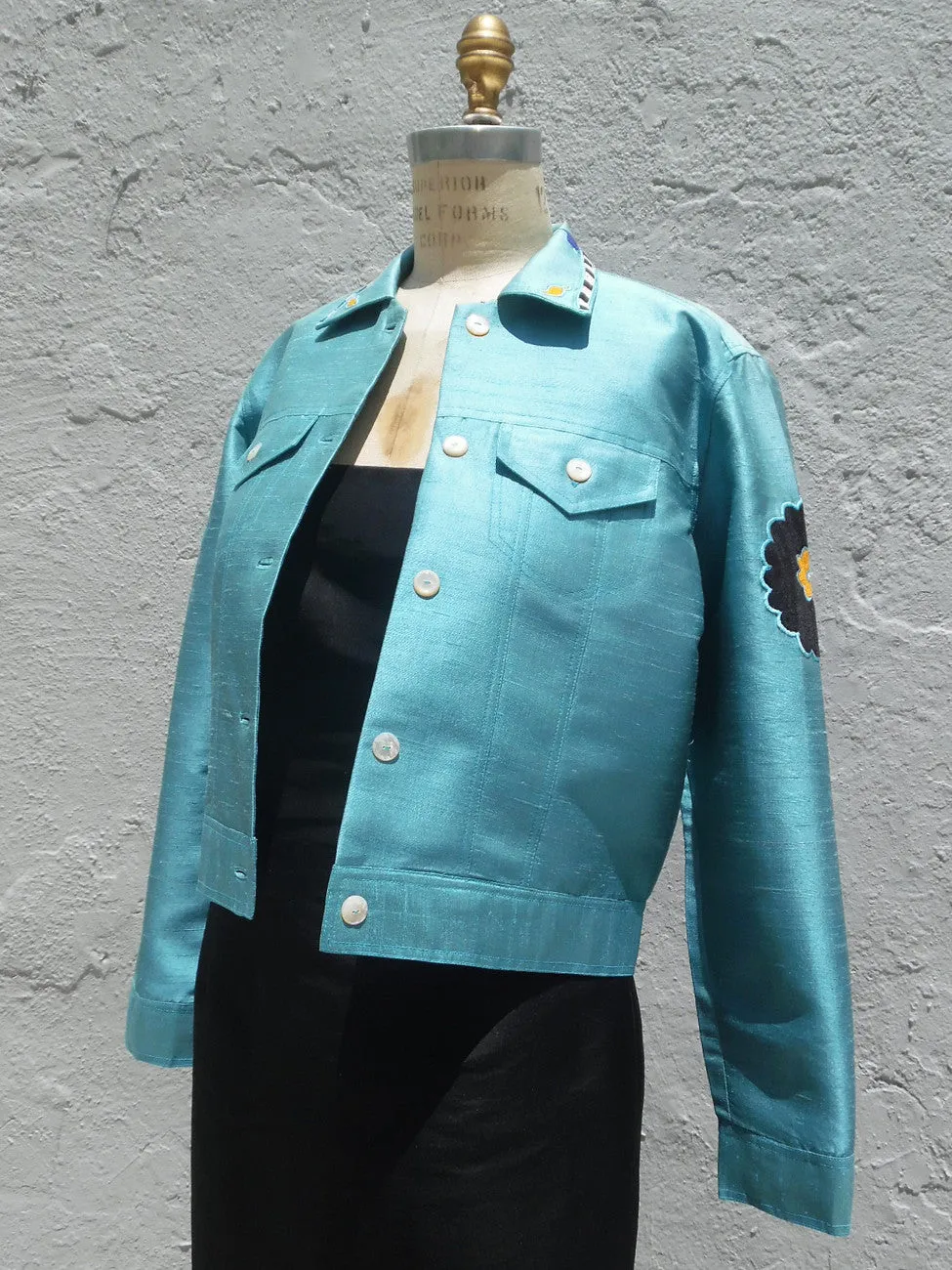 Jean Jacket Vintage Suzani Embroidery Tiffany Blue Cobalt