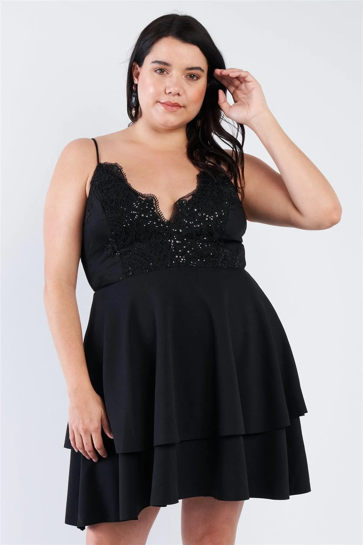 Junior Plus Size Black Lace Embroidered Layered Mini Dress /2-1-1