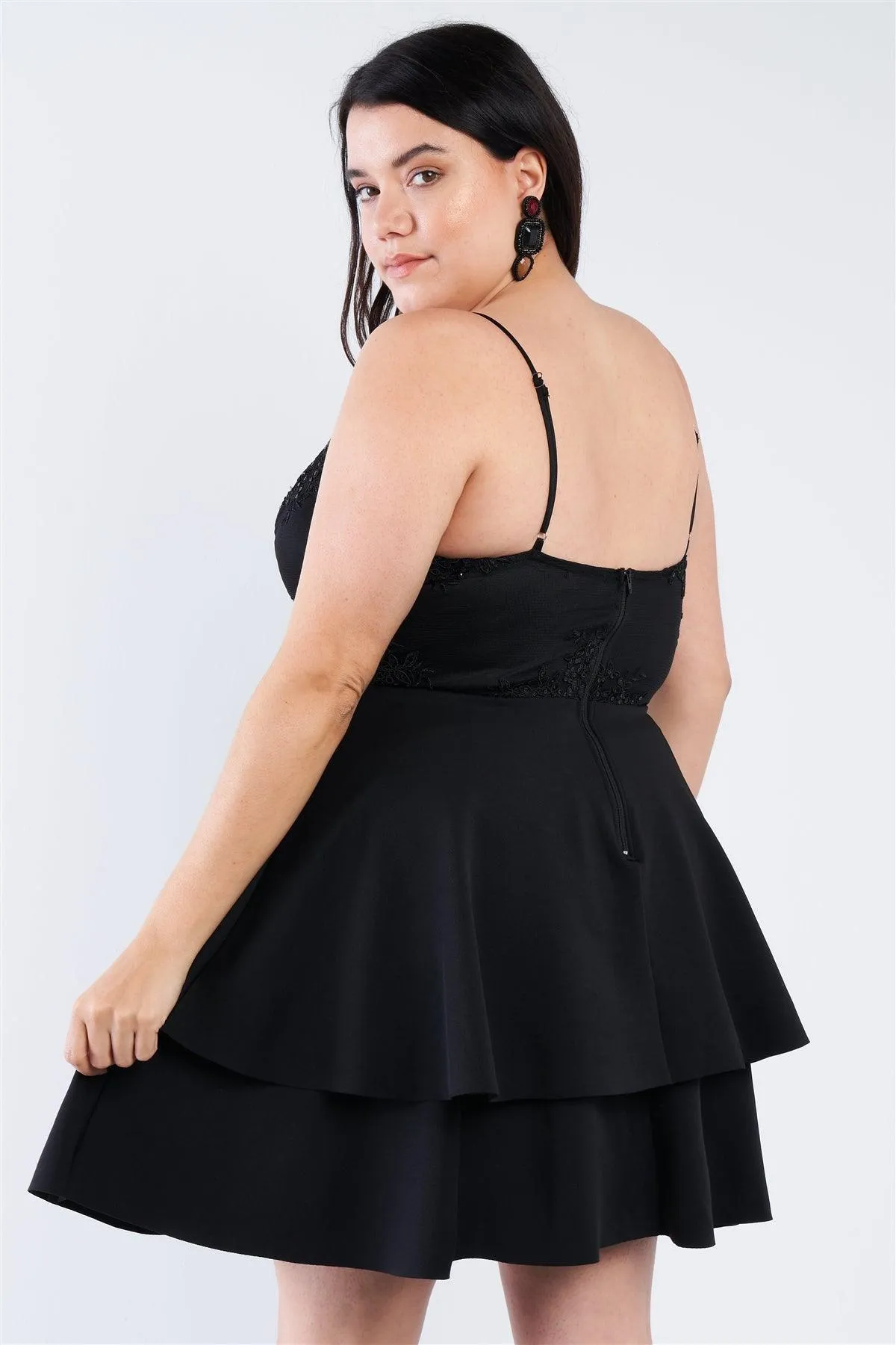 Junior Plus Size Black Lace Embroidered Layered Mini Dress /2-1-1